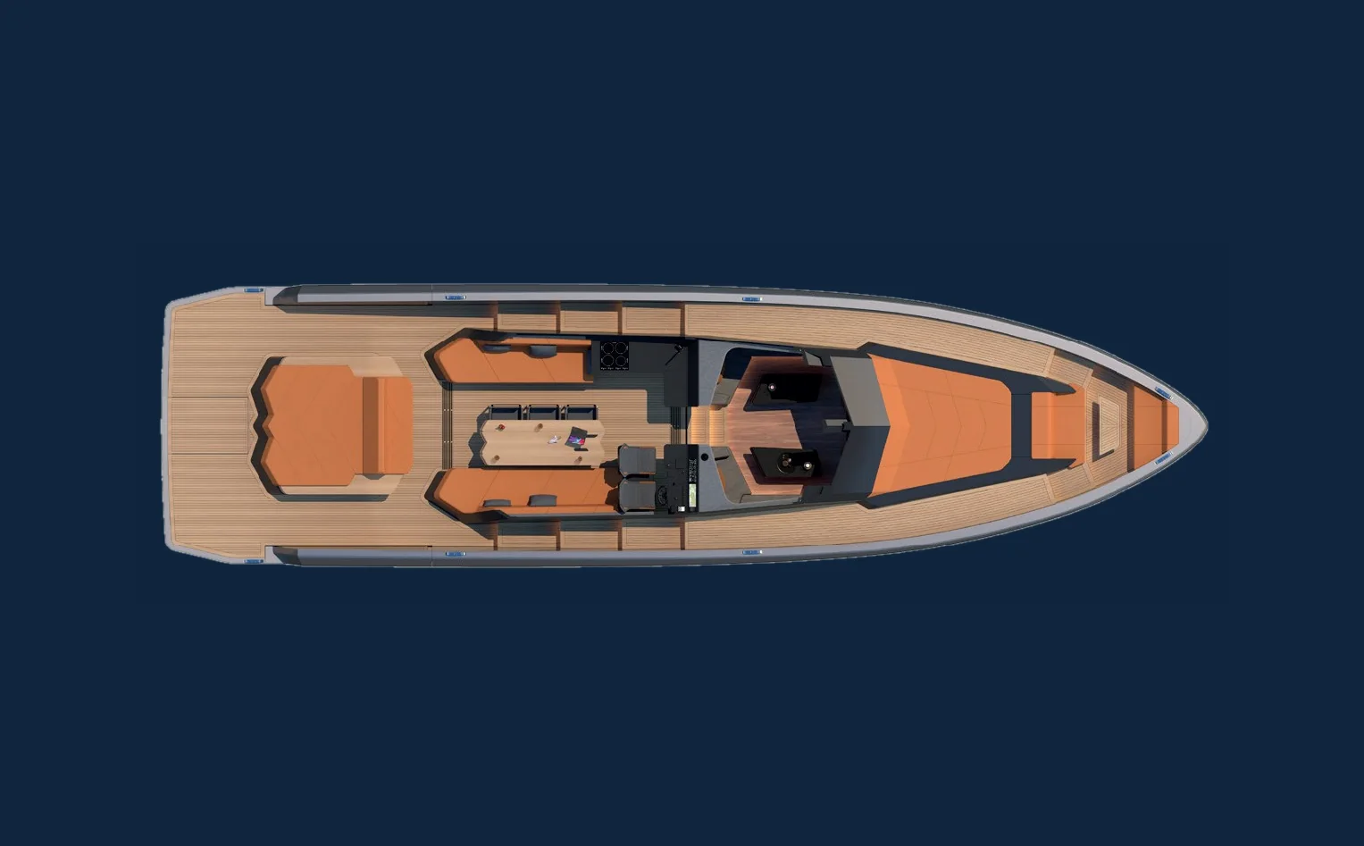 Top-down general arrangement drawing of the RS 60 main deck. Visualised with Light Gray hull colour, Orange upholstery colour, Brown deck colour.